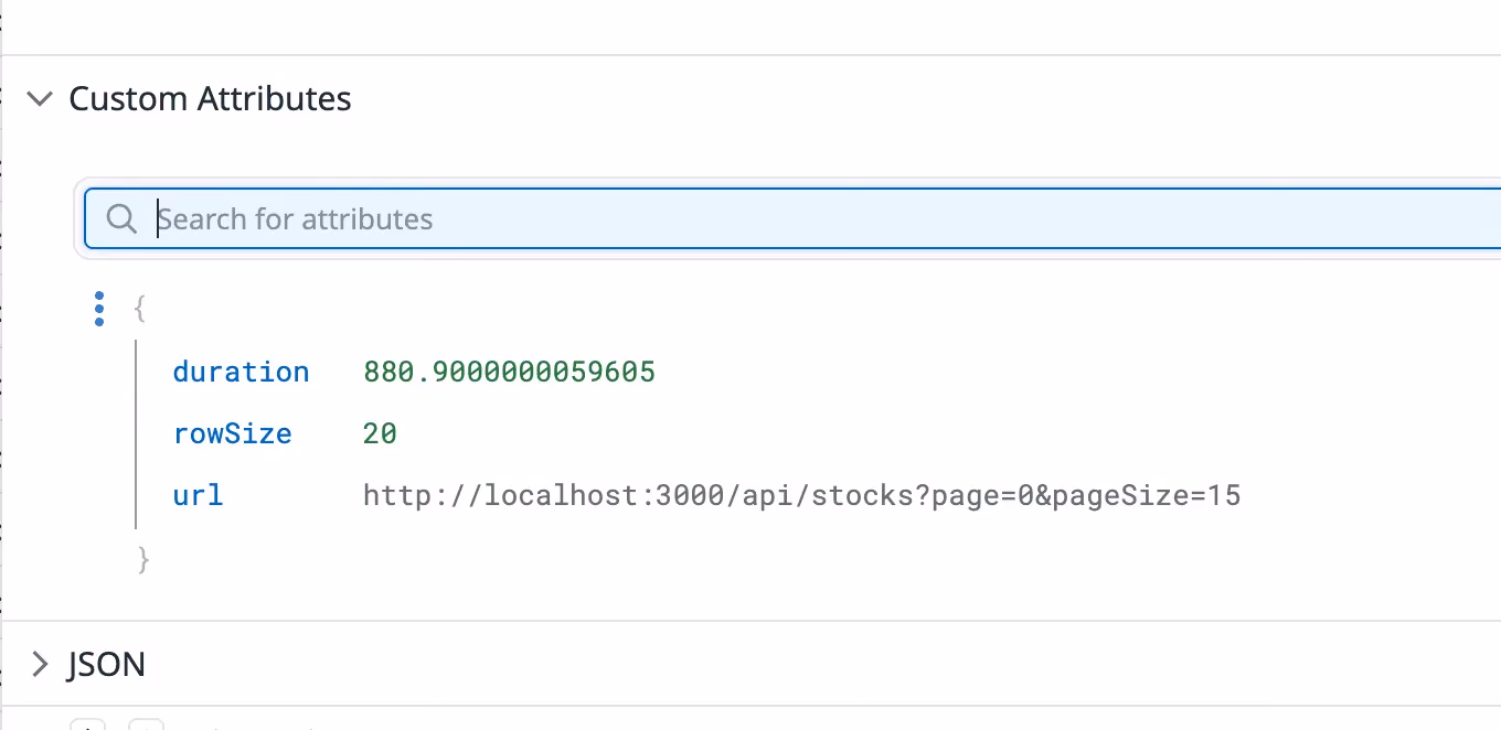 Custom attributes panel in Datadog showing duration, rowSize and url values