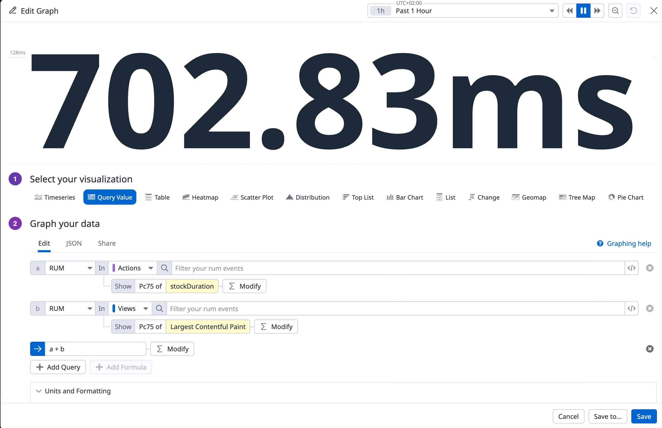 Datadog query value graph adding p75 Largest Contentful Paint and p75 stockDuration into a single estimate